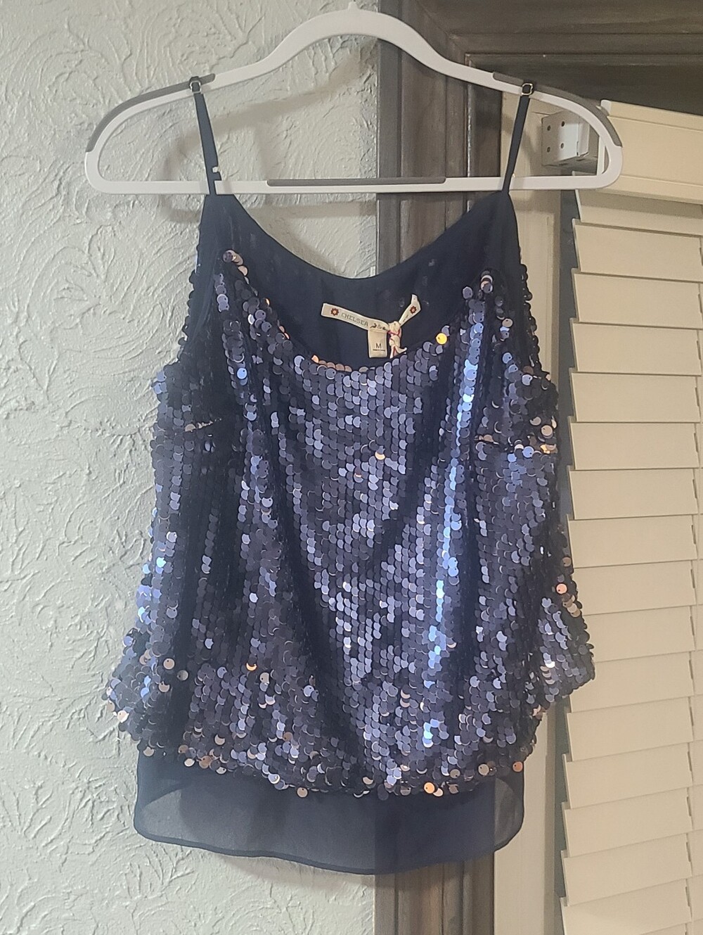 Chelsea & Violet navy blue sequin spaghetti strap camisole top Layered Design